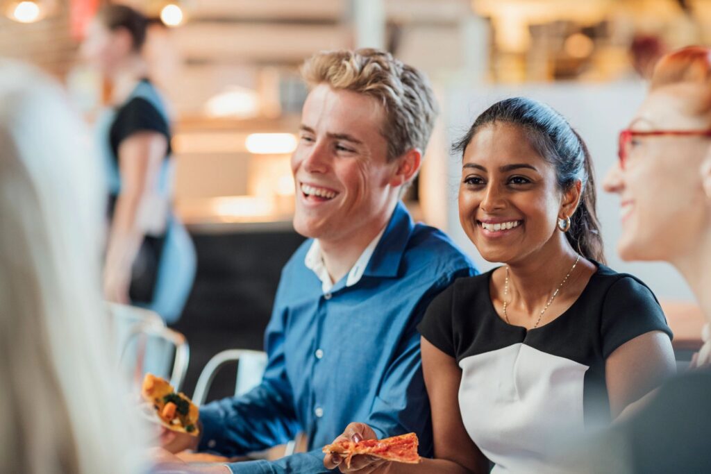 smiling pizza customers